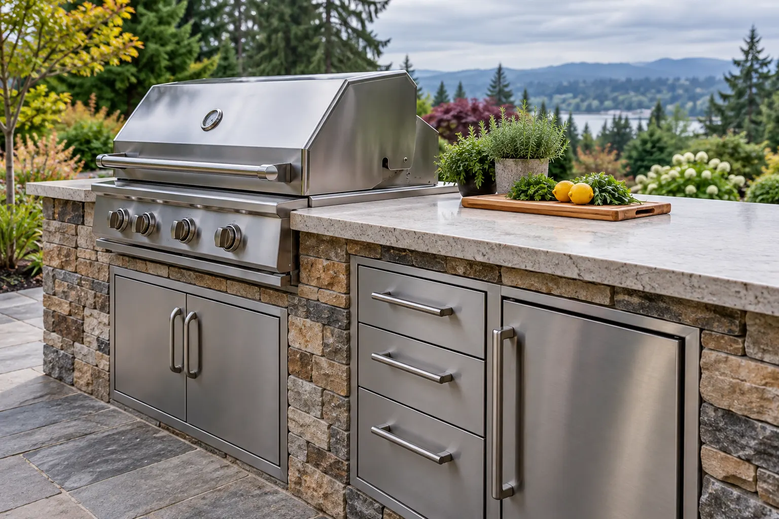 Built-in grill beside a pale preparation counter and stainless storage drawers