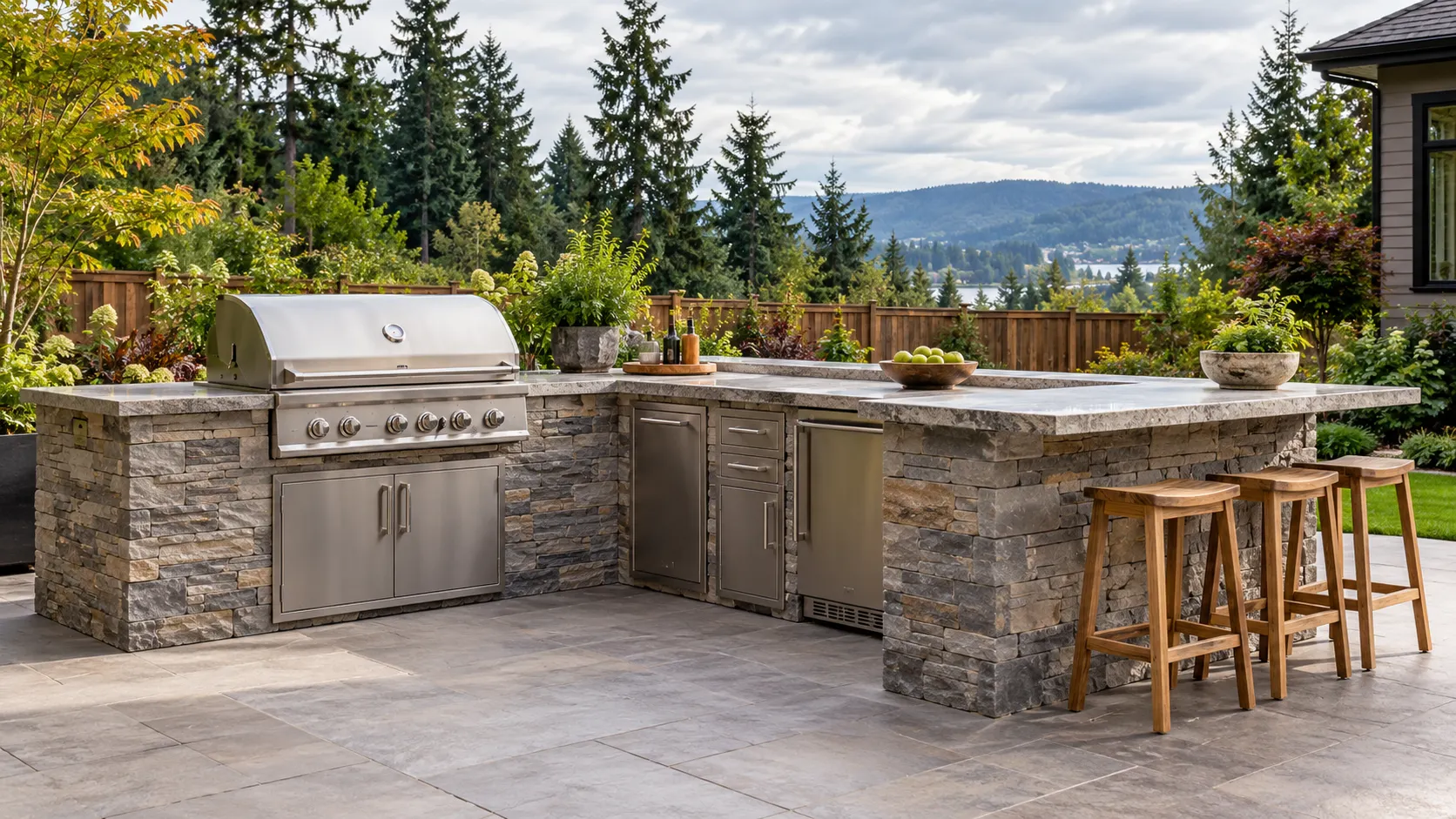 Open-air outdoor kitchen with a stone-faced grill island, pale countertop and timber bar stools