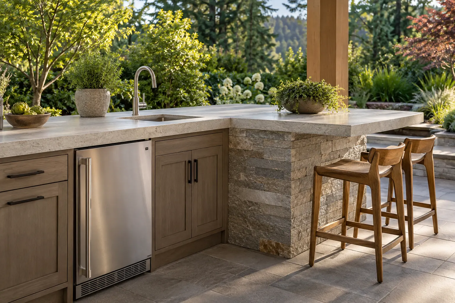 Outdoor sink and undercounter refrigerator beside a bar seating ledge