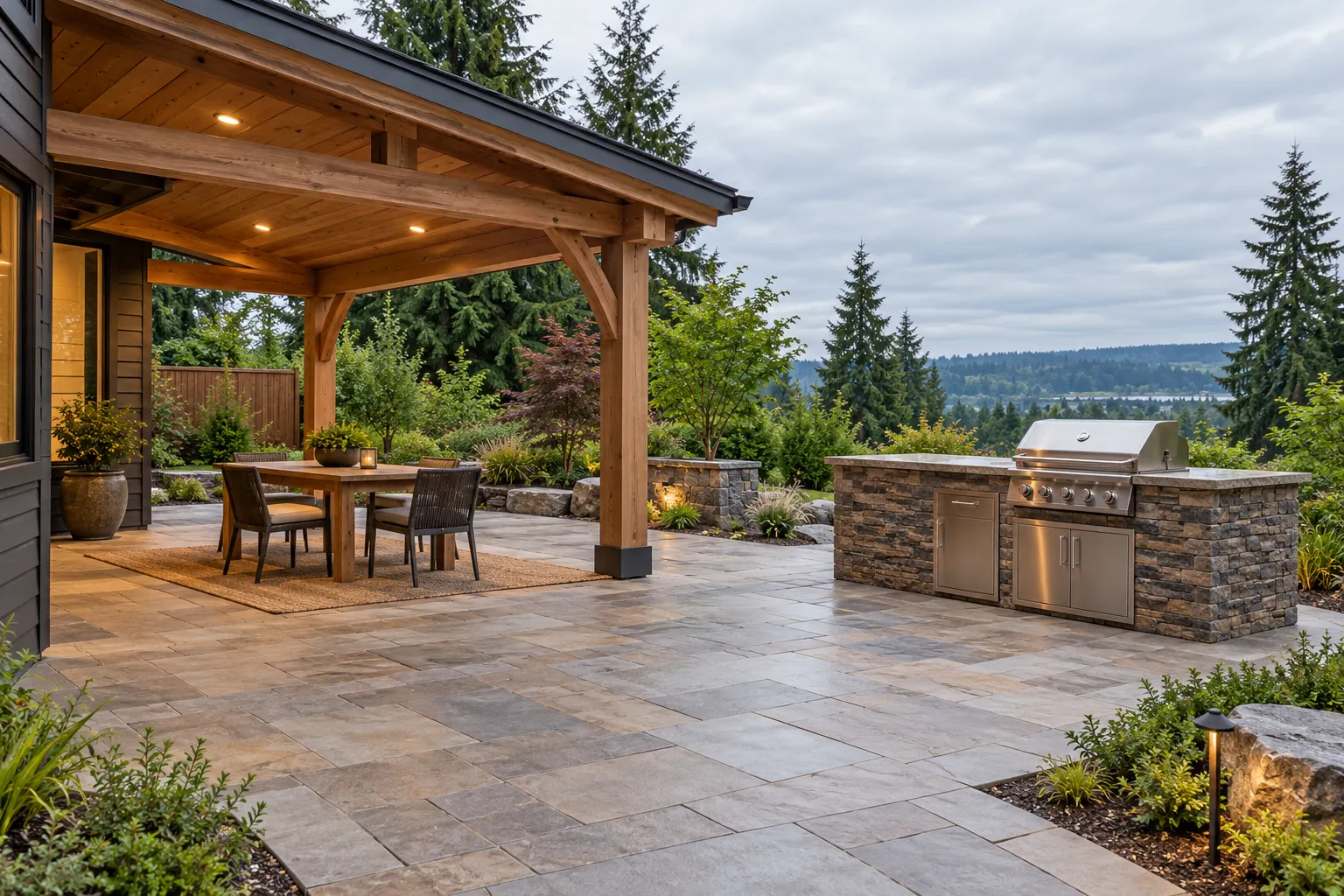 Covered dining patio with a separate grill island in the open air